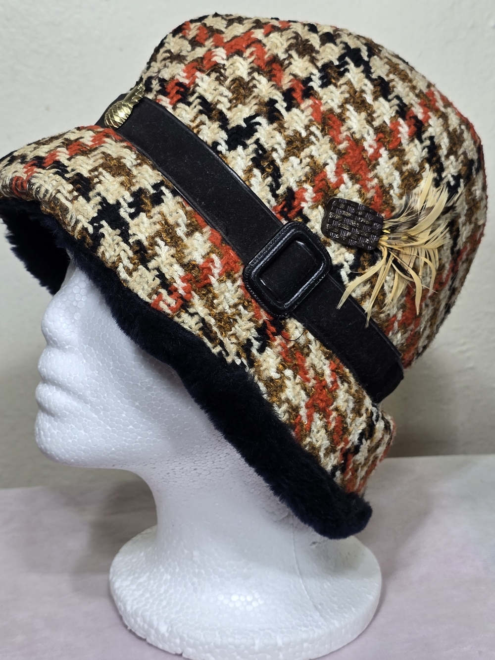 Scala Collezione Tweed Cloche Bucket Hat Medium Wool Blend Cream Brown Rust - Picture 9 of 11